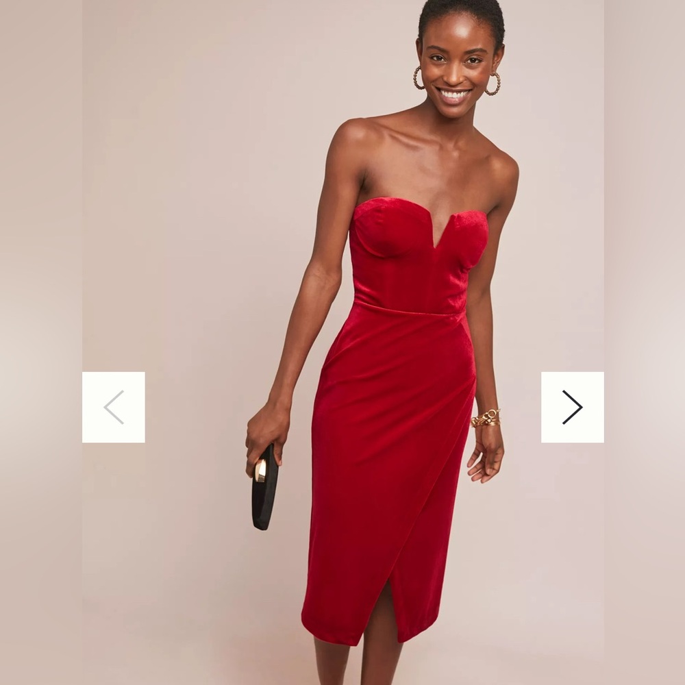 Anthropologie Strapless Red Velvet Midi Dress - Picture 2 of 12
